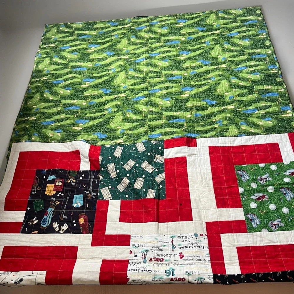 VINTAGE Patchwork Quilt Golf Themed On Both Sides 1950's